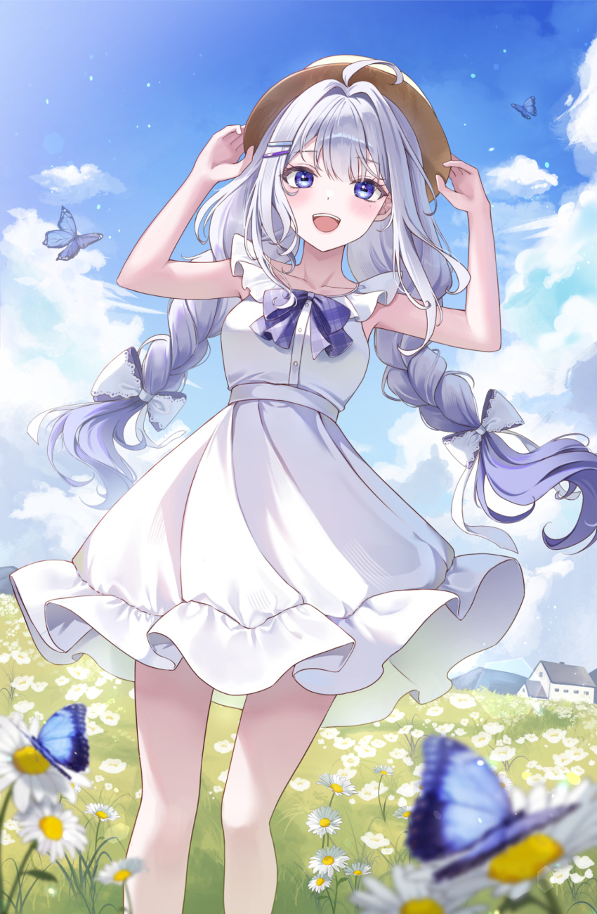 1girl bare_legs blue_butterfly blue_eyes blue_sky bow braid breasts bug building butterfly clouds commentary daisy dress field flower flower_field grey_hair hair_bow hat highres long_hair looking_at_viewer medium_breasts mountainous_horizon open_mouth original outdoors pora_0918 sky smile solo straw_hat symbol-only_commentary teeth twin_braids upper_teeth_only white_bow white_dress white_flower