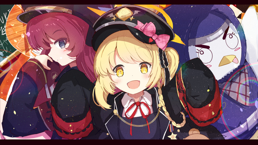 2girls arms_up black_hat black_jacket blonde_hair blue_archive bow chamoraile commentary_request grey_eyes hat hat_bow highres ibuki_(blue_archive) iroha_(blue_archive) jacket long_braid long_hair long_sleeves looking_at_another looking_at_viewer multiple_girls one_side_up open_mouth outstretched_arms peaked_cap peroro_(blue_archive) redhead sleeves_past_fingers sleeves_past_wrists smile tongue tongue_out upper_body yellow_eyes