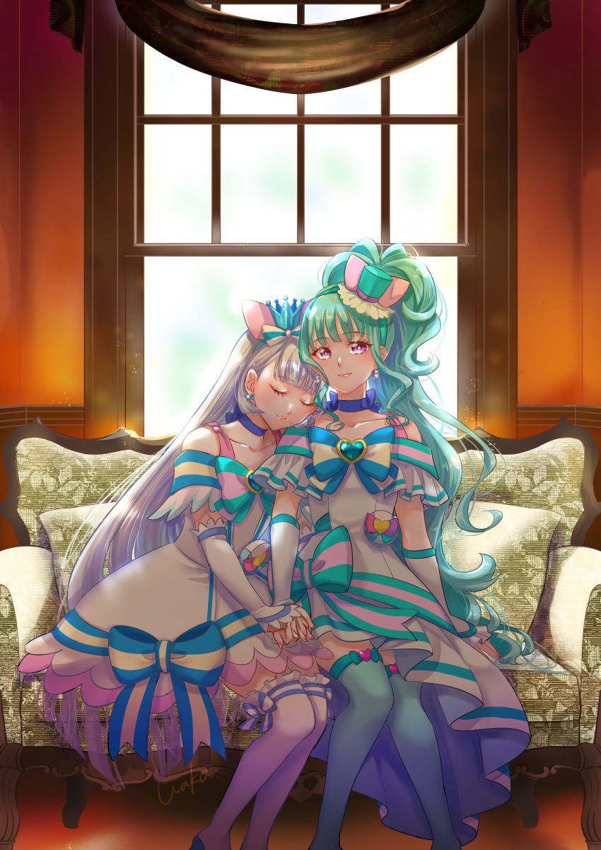 2girls absurdres aqua_hair aqua_hairband aqua_hat aqua_thighhighs blue_choker blue_crown blue_hairband bow brooch choker closed_eyes collarbone couch crown crown_bow crown_earrings cure_lillian cure_nyammy dress dress_bow earrings facing_viewer hairband hat hat_bow head_on_another's_shoulder heart heart_brooch highres holding_hands jewelry light_smile long_hair looking_at_viewer magical_girl mini_crown mini_hat multicolored_bow multiple_girls nekoyashiki_mayu nekoyashiki_yuki on_couch pink_bow pink_eyes pointed_crown pouch precure ribbon_choker side_ponytail sitting striped_bow thigh-highs waka_(negronoir) white_arm_warmers white_dress white_hair white_thighhighs window wonderful_precure! zettai_ryouiki