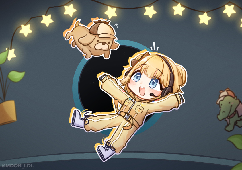 1girl absurdres belt blonde_hair blue_eyes bubba_(watson_amelia) chibi floating full_body headset highres hololive hololive_english investigator_(amelia_watson) jumpsuit moon_ldl plant potted_plant smile star_(symbol) twitter_username virtual_youtuber watson_amelia watson_amelia_(astronaut) white_footwear yellow_jumpsuit