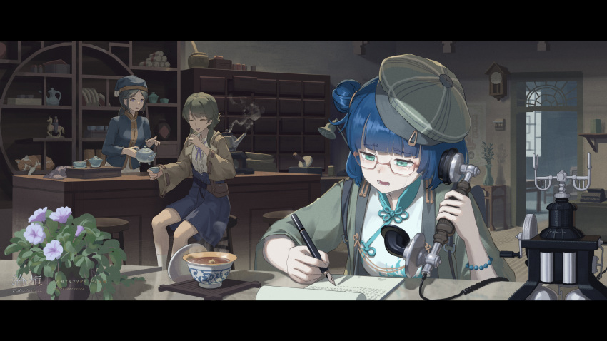 3girls absurdres ancle_(aruncle) blue_hair blue_headwear blue_jacket blue_skirt cafe closed_eyes clothing_request commentary_request crying crying_with_eyes_open cup fanny_pack flower glasses green_eyes green_hair green_headwear green_jacket hair_bun highres holding holding_phone holding_teapot indoors jacket long_hair medium_hair multiple_girls nib_pen_(object) notepad one_side_up open_mouth original pen phone plant pointing potted_plant purple_flower shirt sitting skirt streaming_tears tea teacup teapot tears violet_eyes white_shirt writing