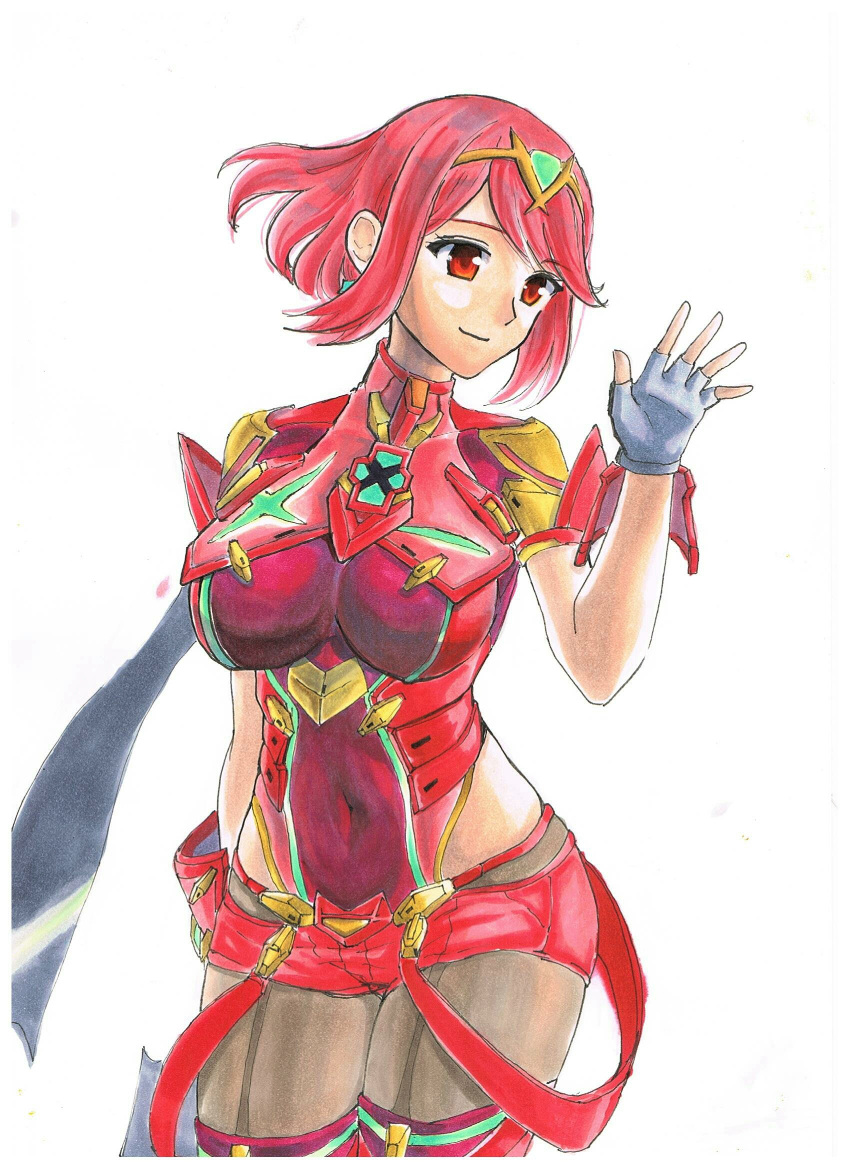 1girl backless_outfit black_gloves bob_cut breasts chest_jewel core_crystal_(xenoblade) drop_earrings earrings fingerless_gloves gloves highres impossible_clothes jewelry large_breasts pantyhose pantyhose_under_shorts pyra_(xenoblade) red_eyes red_shorts redhead short_hair short_sleeves shorts sketch skindentation solo super_smash_bros. suspenders swept_bangs thigh-highs thighhighs_over_pantyhose tiara watari_(eaka) xenoblade_chronicles_(series) xenoblade_chronicles_2
