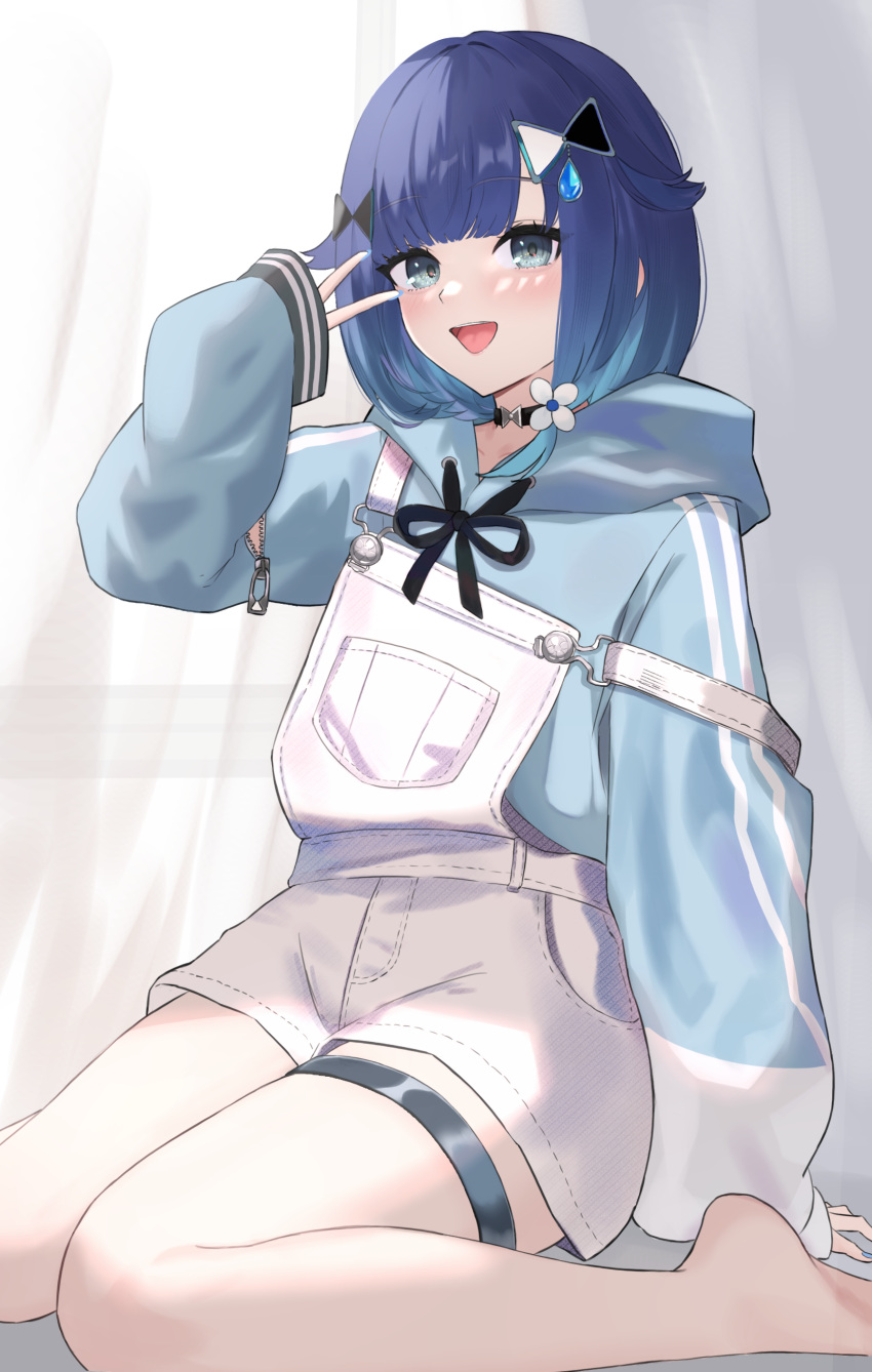 1girl 4kebidayo :d absurdres barefoot black_collar blue_hair blue_hoodie blue_nails blunt_bangs blush bow collar dark_blue_hair gem_hair_ornament grey_eyes hair_bow highres hood hoodie looking_at_viewer overall_shorts overalls short_hair sitting sleeves_past_wrists smile solo thigh_strap thighs tsumugi_kokage v_over_eye virtual_youtuber vspo! wariza water_drop_hair_ornament white_overalls