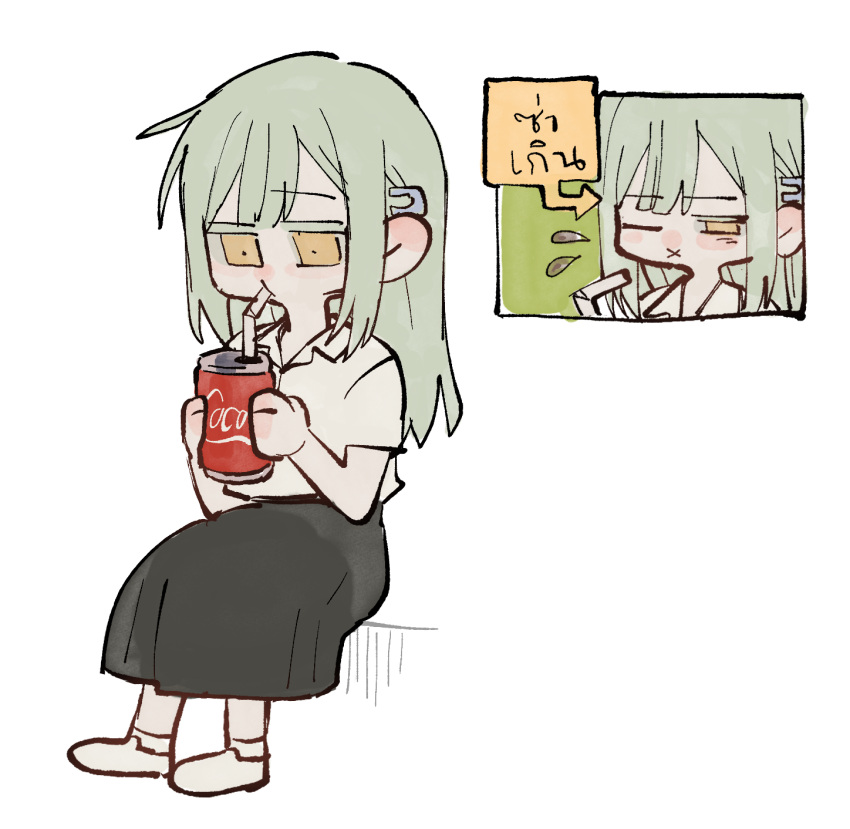 1girl :x bandaid bandaid_on_arm bang_dream! bang_dream!_it's_mygo!!!!! black_skirt coca-cola collared_shirt commentary drinking_straw drinking_straw_in_mouth green_hair hair_ornament hairclip highres long_hair multiple_views shirt simple_background sitting skirt thai_text translation_request wakaba_mutsumi white_background white_shirt yellow_eyes yogurt_pt
