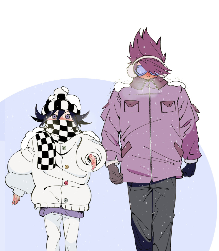2boys absurdres beanie blush breath checkered_clothes checkered_headwear checkered_scarf coat cold danganronpa_(series) danganronpa_v3:_killing_harmony earmuffs flipped_hair gloves goggles hat height_difference highres long_sleeves looking_at_viewer lovepoints male_focus momota_kaito multiple_boys nose_blush oma_kokichi purple_coat purple_hair scarf scarf_over_mouth short_hair simple_background snowing spiky_hair upper_body violet_eyes walking white_background white_coat winter winter_clothes