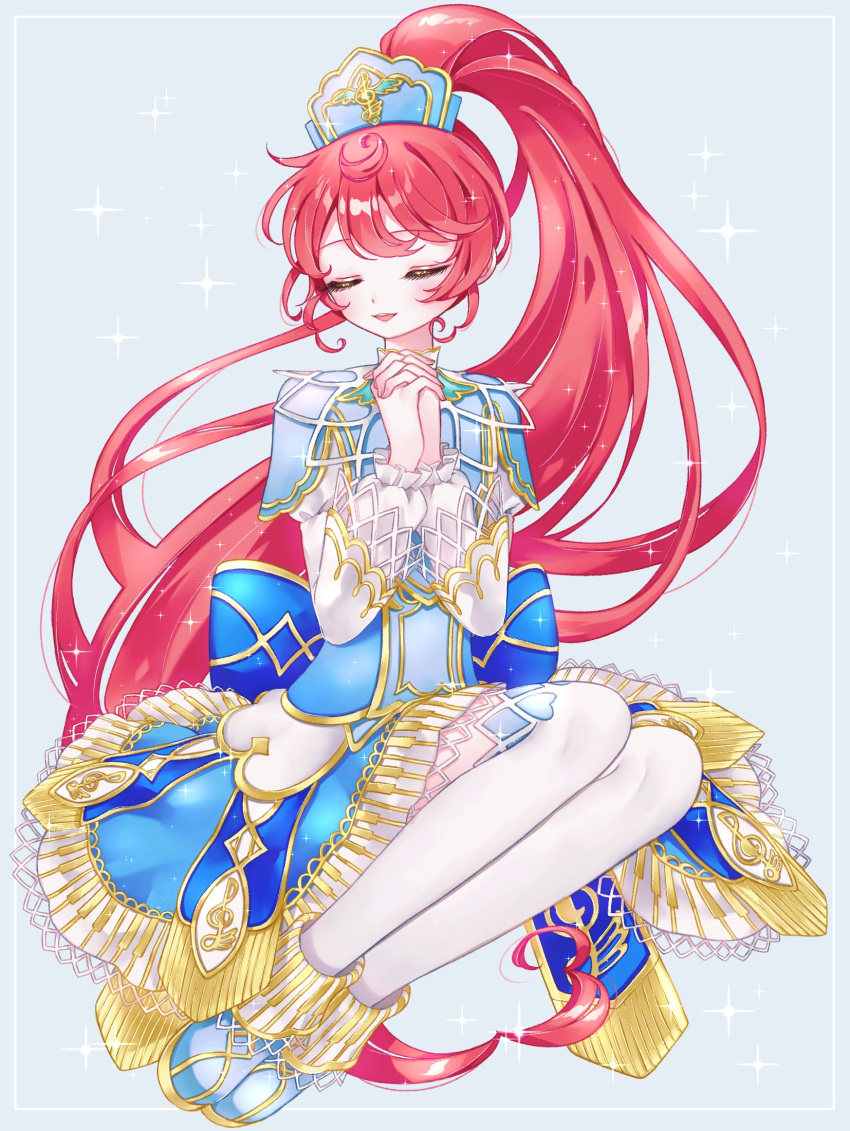 1girl ao_(ao0_0nemu) bad_id bad_pixiv_id blue_dress blue_footwear closed_eyes dress facing_viewer full_body gold_trim hands_up headdress highres interlocked_fingers long_hair long_sleeves open_mouth ponytail praying pretty_series pripara redhead shiratama_mikan shoes sitting smile sparkle thigh-highs very_long_hair white_thighhighs