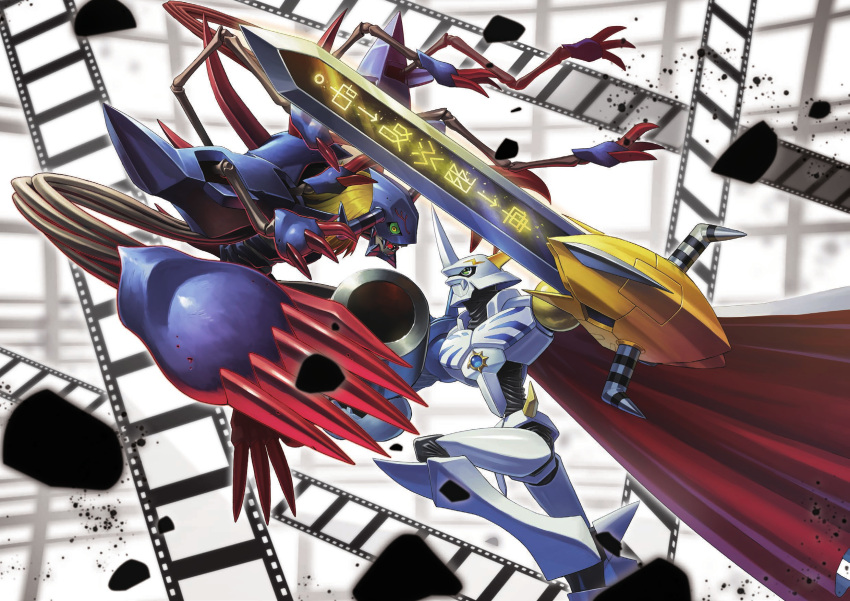 arm_blade arm_cannon armor blonde_hair blue_armor commentary_request diablomon digimoji digimon digimon_adventure digimon_adventure:_bokura_no_war_game digimon_card_game extra_arms fangs fighting film_reel green_eyes highres horns long_hair mecha multiple_heads official_art omegamon robot sasasi second-party_source sharp_teeth shoulder_armor spikes sword teeth tentacle_arm translation_request weapon