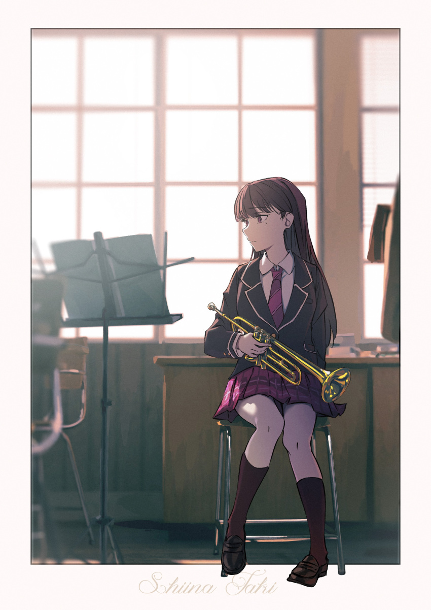 1girl absurdres bang_dream! bang_dream!_it's_mygo!!!!! black_footwear black_jacket black_socks brown_hair character_name closed_mouth commentary full_body highres holding holding_instrument indoors instrument jacket loafers long_hair mole mole_under_eye music_stand necktie pleated_skirt purple_necktie purple_skirt raito_taisha school_uniform shiina_taki shoes skirt socks solo trumpet violet_eyes