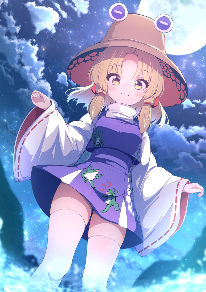 1girl absurdres animal_print blonde_hair blurry blurry_background blush_stickers breasts bright_pupils brown_hat clenched_hands clouds commentary_request darumoon feet_out_of_frame frog_print from_below full_moon hair_ribbon hat high-waist_skirt highres horizontal_pupils looking_at_viewer medium_hair moon moriya_suwako mountainous_horizon night night_sky parted_bangs partial_commentary print_vest purple_skirt purple_vest red_ribbon red_sleeves ribbon ribbon-trimmed_sleeves ribbon_trim shirt skirt skirt_set sky small_breasts smile solo split_mouth standing star_(sky) starry_sky thigh-highs thighs touhou tress_ribbon turtleneck two-sided_fabric two-sided_sleeves vest w_arms water white_pupils white_shirt white_thighhighs wide_sleeves yellow_eyes zettai_ryouiki