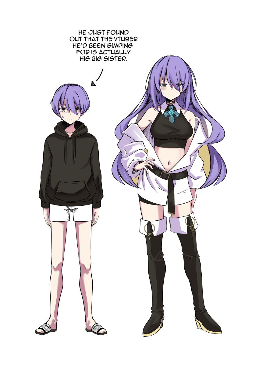 1boy 1girl absurdres blonde_hair boots brother_and_sister colored_inner_hair commentary crop_top english_commentary english_text hand_on_own_hip highres hololive hololive_indonesia hood hoodie jacket long_hair looking_at_viewer moona_hoshinova moona_hoshinova_(1st_costume) multicolored_hair navel off_shoulder purple_hair raikkonen short_hair shorts siblings simple_background smile sweat thigh_boots violet_eyes virtual_youtuber white_background white_jacket