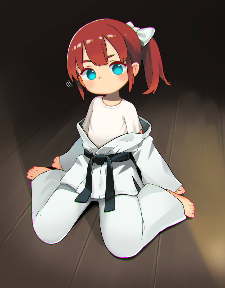 1girl absurdres barefoot belt black_belt bow chinese_commentary closed_mouth commentary_request dougi full_body hair_bow highres indoors kuma-bound looking_at_viewer martial_arts_belt medium_hair original pants ponytail redhead shirt sitting solo toes wariza white_bow white_pants white_shirt
