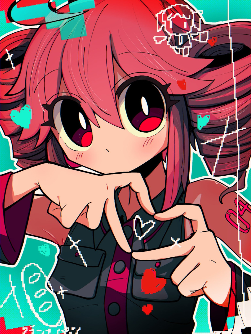 1girl aqua_background arm_tattoo bare_shoulders black_shirt black_sleeves blush bright_pupils buttons collared_shirt detached_sleeves drill_hair hair_between_eyes heart heart_hands heart_in_heart_hands highres kasane_teto looking_at_viewer medium_hair mukkusan no_mouth number_tattoo outline red_eyes red_trim redhead shirt sleeveless sleeveless_shirt solo sparkle tattoo twin_drills upper_body utau white_outline white_pupils