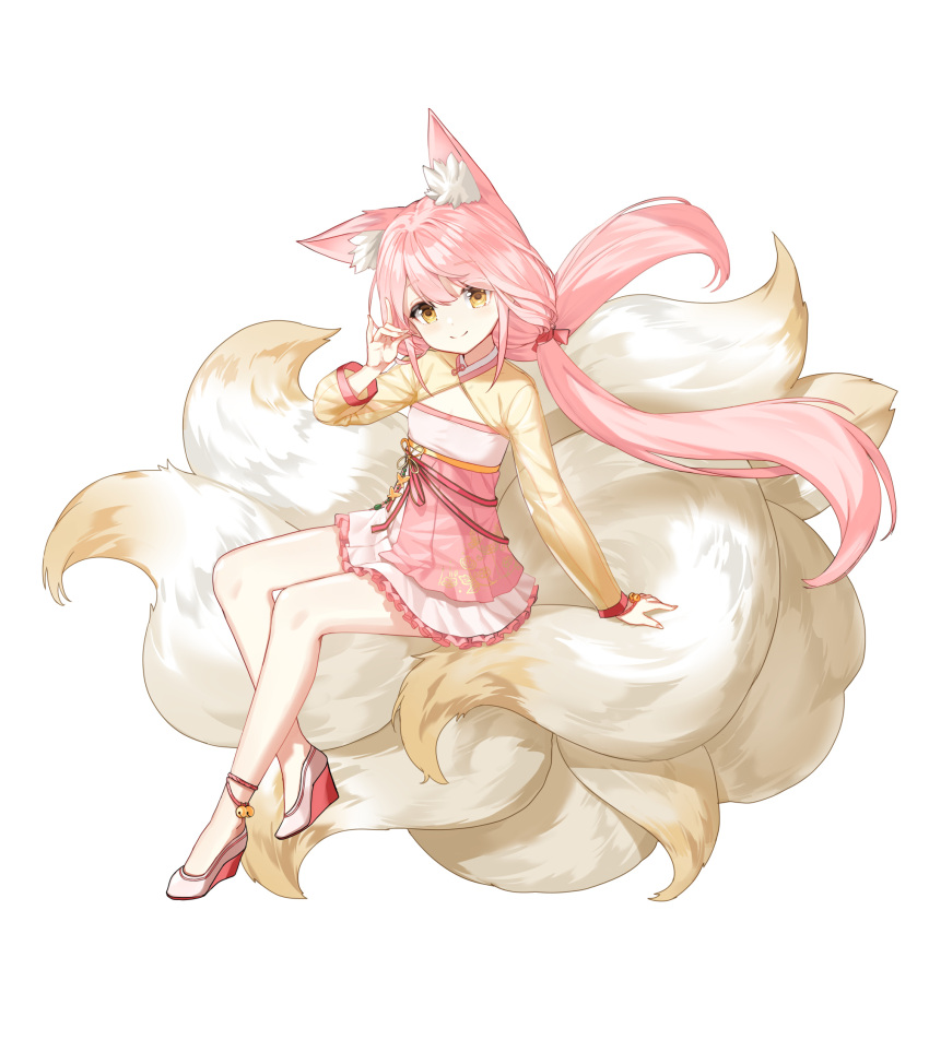 1girl alternate_hair_color animal_ear_fluff animal_ears ankle_bell arm_support bow cleavage_cutout closed_mouth closers clothing_cutout dress flat_chest fox_ears fox_girl fox_shadow_puppet fox_tail full_body hair_bow hand_up high_heels highres kitsune kyuubi layered_dress long_hair long_sleeves looking_at_viewer low_twintails lucy_(closers) multiple_tails official_art pink_bow pink_dress pink_hair see-through see-through_sleeves sitting sitting_on_tail smile solo tachi-e tail twintails two-tone_dress wedge_heels white_background white_footwear yellow_dress yellow_eyes yellow_sleeves yellow_tail