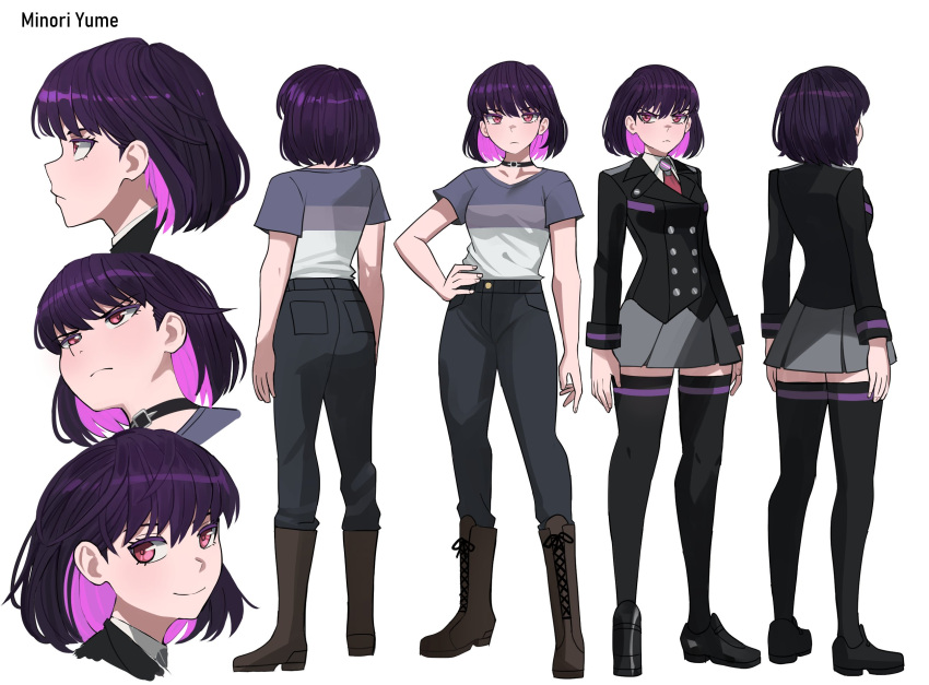 1girl boots character_name choker commentary english_commentary full_body hand_on_own_hip highres jourd4n knee_boots long_sleeves looking_at_viewer miniskirt minori_yume_(jourd4n) multicolored_hair necktie original pants purple_hair reference_sheet shirt short_hair short_sleeves simple_background skirt smile solo standing t-shirt thigh-highs two-tone_hair uniform violet_eyes white_background zettai_ryouiki