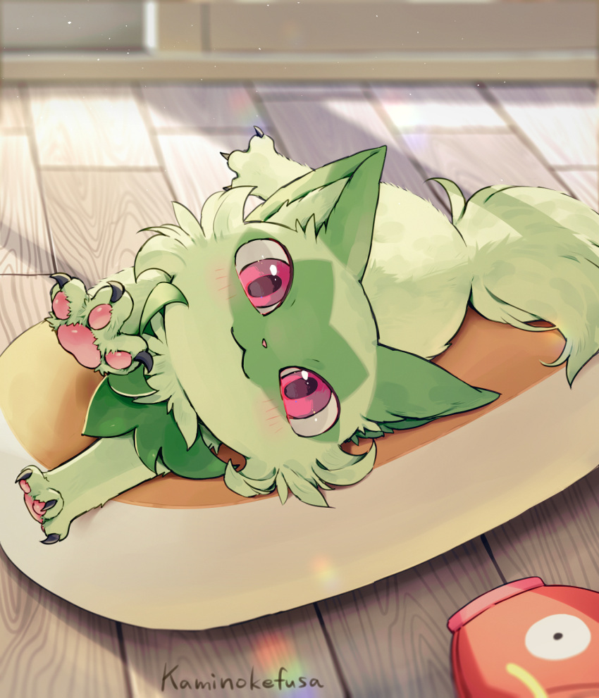animal_ears animal_focus bed claws closed_mouth green_fur highres indoors kaminokefusa looking_at_viewer lying magikarp no_humans on_bed pawpads pokemon pokemon_(creature) red_eyes sprigatito stretching wooden_floor