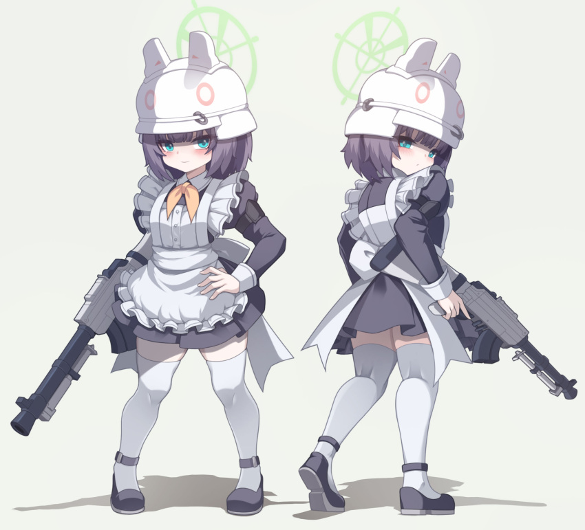 1girl alternate_costume animal_ears apron aqua_eyes back_bow black_dress black_footwear blue_archive blunt_bangs bow collared_shirt commentary dress fake_animal_ears flats frilled_apron frills from_behind fuyu_no_usagi green_halo grey_background gun halo hand_on_own_hip helmet highres holding holding_weapon juliet_sleeves light_machine_gun long_sleeves looking_at_viewer looking_back maid maid_apron multiple_views neckerchief pleated_dress puffy_sleeves purple_hair rabbit_ears saki_(blue_archive) shadow shirt short_hair sidelocks simple_background sleeve_cuffs standing tachi-e thigh-highs walking weapon white_apron white_bow white_helmet white_shirt white_thighhighs yellow_neckerchief