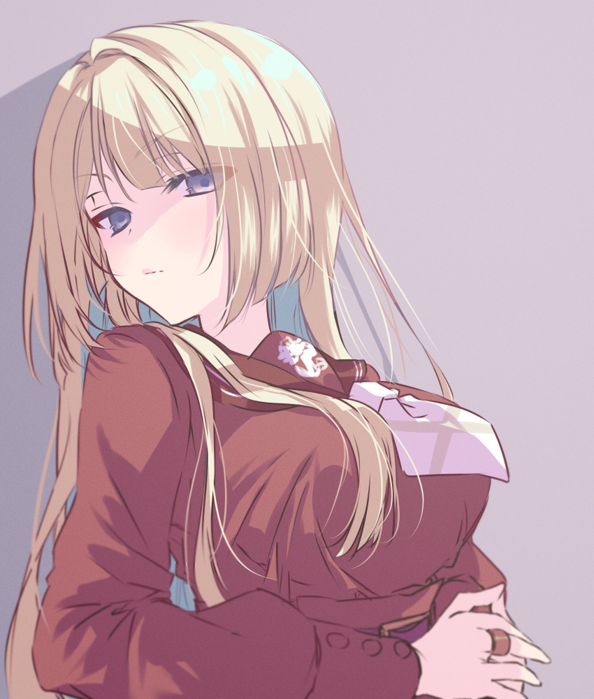 1girl assault_lily belt belt_buckle blonde_hair breasts brown_background brown_sailor_collar buckle closed_mouth hands_up high-waist_skirt highres jewelry kanba_girls_high_school_uniform large_breasts long_hair long_sleeves looking_at_viewer looking_to_the_side miyagawa_takane nari_(mokemokenari) necktie own_hands_together red_belt red_shirt red_skirt ring sailor_collar school_uniform shadow shirt short_necktie sidelocks simple_background skirt solo upper_body v-shaped_eyebrows violet_eyes white_necktie