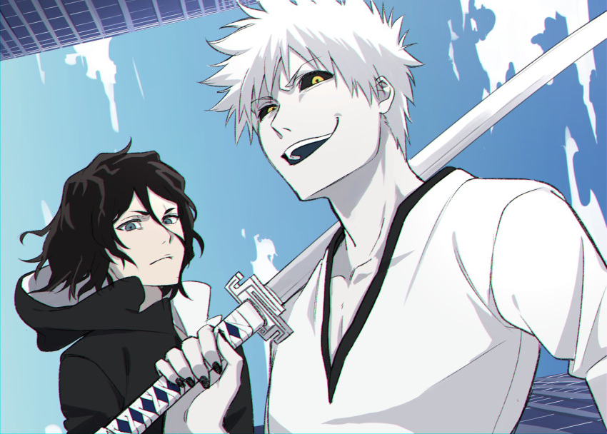 2boys alternate_form bankai black_hair black_sclera bleach blue_eyes blue_sky building closed_mouth clouds collarbone colored_sclera colored_skin hair_between_eyes highres holding holding_sword holding_weapon hollow_ichigo hood hood_down hooded_jacket jacket konetaa looking_at_viewer male_focus multiple_boys open_mouth outdoors over_shoulder pale_skin shirt short_hair sky sword teeth tensa_zangetsu_(bankai) two-sided_fabric upper_teeth_only weapon weapon_over_shoulder white_hair white_shirt white_skin yellow_eyes zangetsu