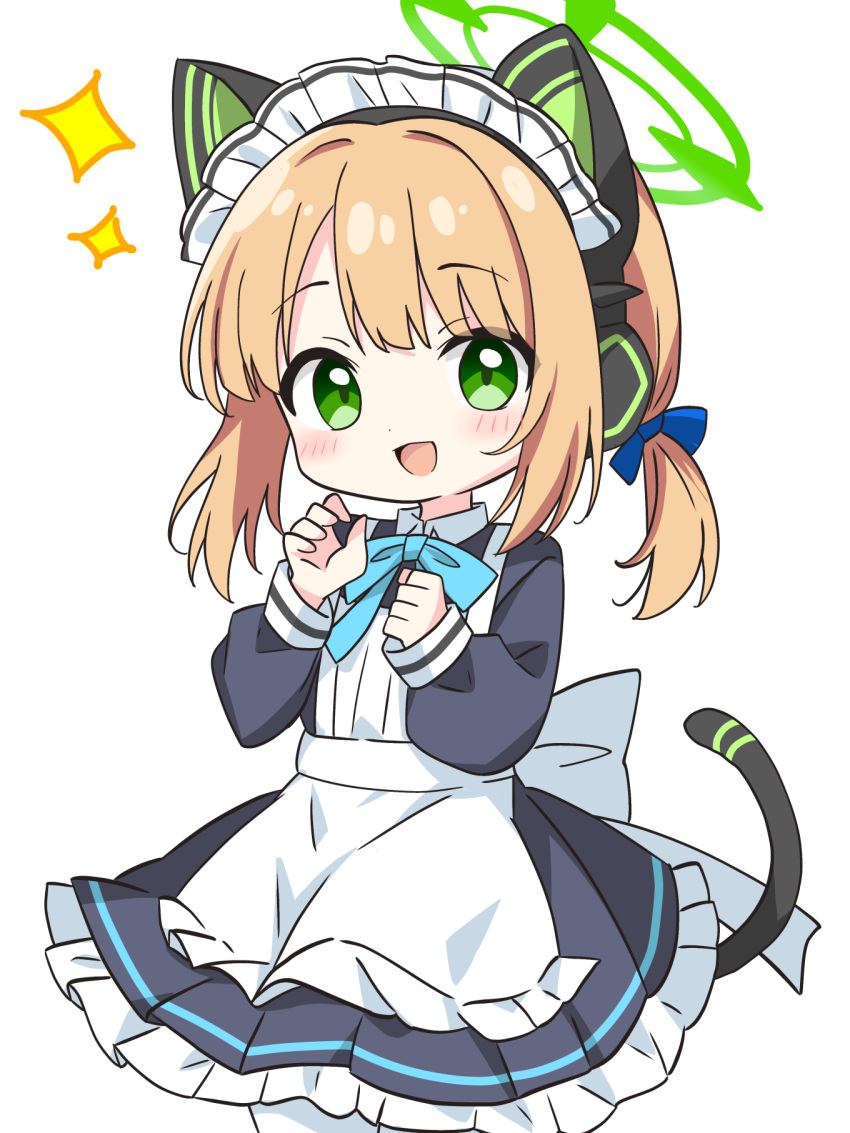 1girl animal_ear_headphones animal_ears apron back_bow blonde_hair blue_archive bow cat_ear_headphones cat_ears cat_tail dress fake_animal_ears fake_tail frilled_dress frills green_eyes hair_bow halo headphones highres kotatsu-mazoku long_sleeves looking_at_viewer low_twintails maid maid_headdress midori_(blue_archive) midori_(maid)_(blue_archive) neck_ribbon ribbon solo sparkle tail twintails