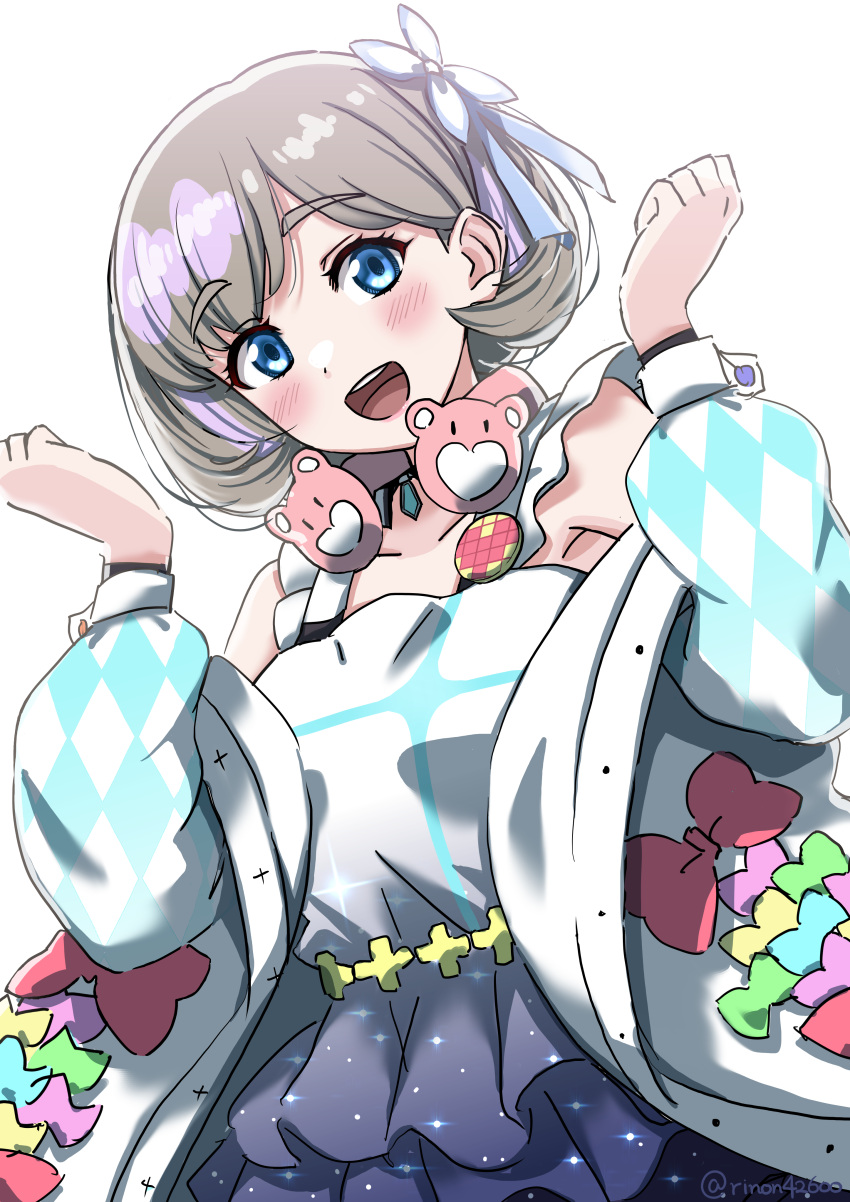 1girl absurdres blue_eyes blush clenched_hands collarbone commentary_request dress frilled_dress frills gradient_dress grey_hair hajimari_wa_kimi_no_sora headphones headphones_around_neck highres jacket long_sleeves looking_at_viewer love_live! love_live!_superstar!! open_clothes open_jacket open_mouth purple_dress rinon42600 short_hair solo tang_keke twitter_username upper_body white_background white_dress white_jacket