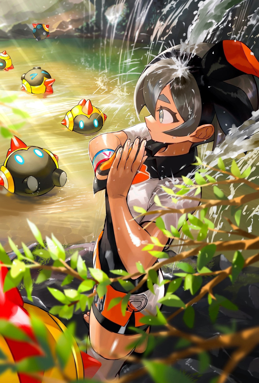1girl barefoot bea_(pokemon) black_bodysuit black_hairband bodysuit bodysuit_under_clothes bow_hairband closed_mouth collared_shirt commentary_request cropped_shirt dynamax_band eyelashes falinks gloves grey_eyes grey_hair hairband hands_up highres knee_pads orange_mikan pokemon pokemon_(creature) pokemon_swsh print_shirt shirt short_hair short_sleeves shorts single_glove standing water waterfall wet
