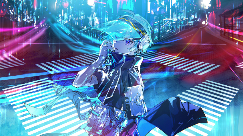 1boy absurdres adjusting_clothes arm_guards belt belt_pouch black_jacket blue_belt blue_hair city cropped_jacket crosswalk from_side hand_up high_collar highres jacket karanagare knight_a long_sleeves looking_at_viewer looking_to_the_side mahito_(utaite) male_focus neon_lights night official_art outdoors pants parted_lips pouch road short_hair short_sleeves solo street swept_bangs upper_body utaite violet_eyes visor_cap white_pants zipper_pull_tab
