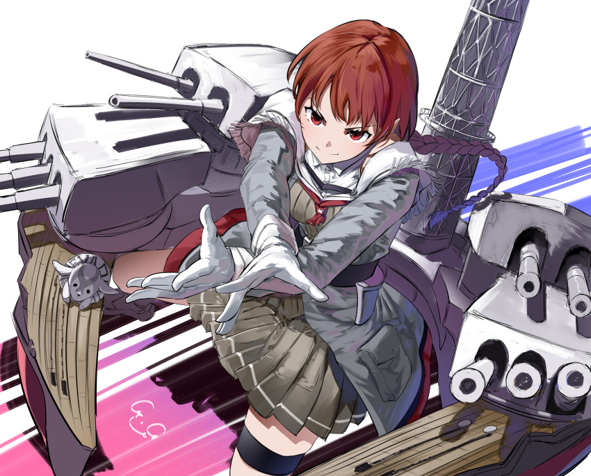 1girl absurdres adapted_turret blush braid breasts cannon dress gegeron gloves goat grey_dress highres kantai_collection large_breasts long_hair long_sleeves looking_at_viewer machinery mast nevada_(kancolle) red_eyes redhead rigging signature smile solo thigh-highs turret white_background white_gloves