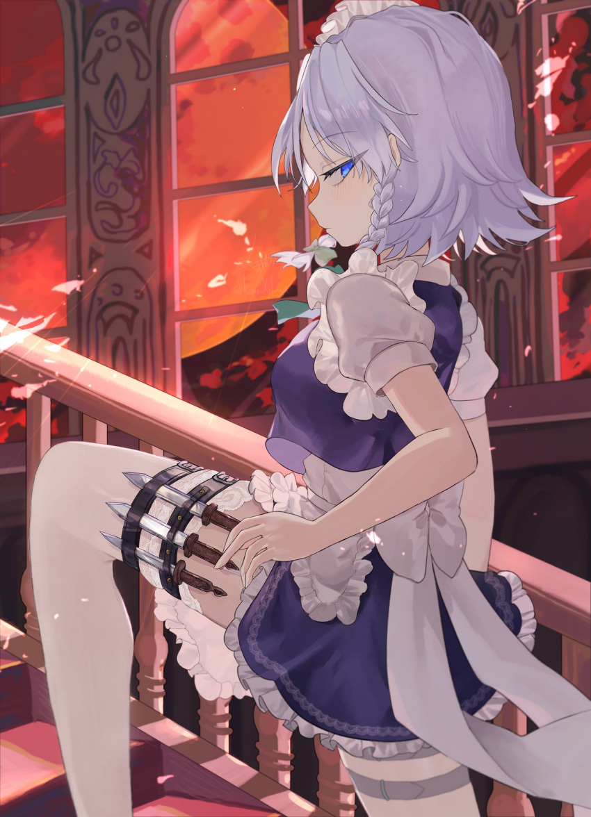 1girl apron back_bow blue_dress blue_eyes bow braid breasts collared_shirt commentary_request dress frilled_apron frilled_dress frills full_moon grey_hair highres holster indoors izayoi_sakuya knife kuma_xylocopa legs looking_at_viewer looking_back maid maid_headdress medium_breasts moon night puffy_short_sleeves puffy_sleeves red_moon scarlet_devil_mansion shirt short_sleeves solo stairs thigh-highs thigh_holster thigh_strap touhou twin_braids waist_apron waist_bow white_apron white_bow white_shirt white_thighhighs wind