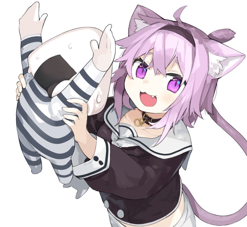 1girl :d ahoge akimaki_yuu animal_collar animal_ear_fluff animal_ears arms_up black_collar black_hairband black_shirt cat_ears cat_girl cat_tail collar crossed_bangs fang from_above hairband highres hololive lifting_person long_sleeves looking_at_viewer midriff_peek nekomata_okayu nekomata_okayu_(3rd_costume) onigirya_(nekomata_okayu) open_mouth prison_clothes purple_hair sailor_collar shirt shorts simple_background skirt smile striped_clothes sweat tail upper_body violet_eyes white_background white_sailor_collar white_shorts