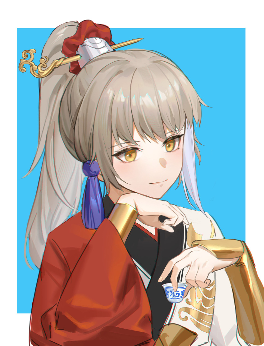 1boy androgynous archer_(fate/samurai_remnant) blue_background chinese_clothes cup fate/samurai_remnant fate_(series) grey_hair hair_ornament hair_scrunchie hair_stick hand_on_own_chin hanfu head_rest high_ponytail highres holding holding_cup long_hair looking_down multicolored_hair outside_border red_scrunchie scrunchie sidelocks simple_background streaked_hair tassel two-tone_background upper_body vambraces white_background wide_sleeves yaxiya yellow_eyes