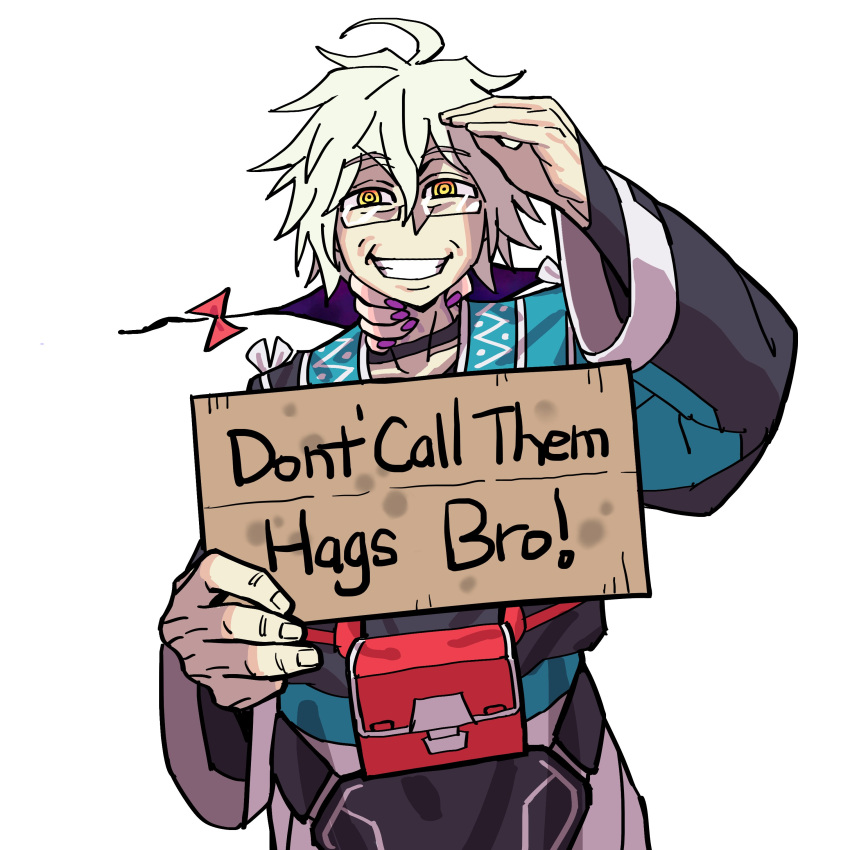 1boy absurdres ahoge black_kimono eddybird55555 gap_(touhou) glasses highres holding holding_sign japanese_clothes kimono morichika_rinnosuke purple_nails red_bag short_hair sign strangling touhou white_hair wide_sleeves yakumo_yukari yellow_eyes