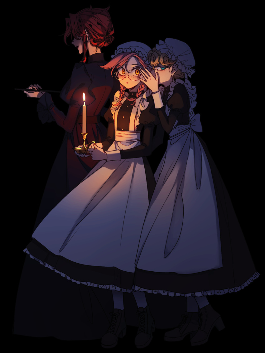 3girls apron bespectacled blonde_hair blue_eyes braid candle commentary_request diavolo dress frilled_apron frills genderswap genderswap_(mtf) giorno_giovanna glasses hat highres holding holding_candle jojo_no_kimyou_na_bouken juliet_sleeves long_dress long_sleeves low_twin_braids maid_apron mob_cap multiple_girls orange_hair pink_hair puffy_sleeves red_dress round_eyewear sempon_(doppio_note) spotted_hair twin_braids vento_aureo vinegar_doppio whispering white_apron