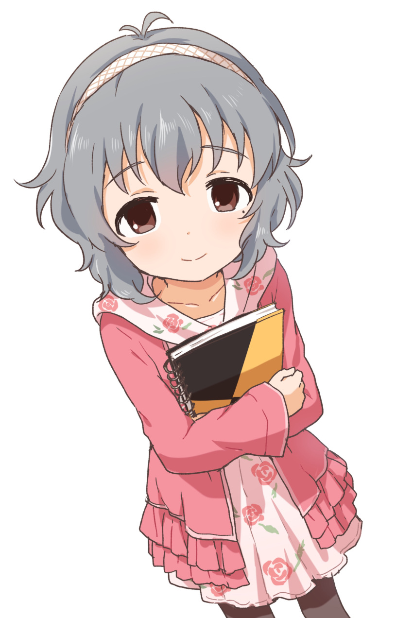 1girl absurdres antenna_hair black_pants blush brown_eyes buchi_(y0u0ri_) closed_mouth collarbone dot_nose flat_chest floral_print_dress from_above grey_hair hairband highres holding holding_sketchbook idolmaster idolmaster_cinderella_girls idolmaster_cinderella_girls_starlight_stage jacket long_sleeves looking_at_viewer looking_up mole mole_under_eye narumiya_yume open_clothes open_jacket pants pink_jacket short_hair simple_background sketchbook smile solo white_background white_hairband
