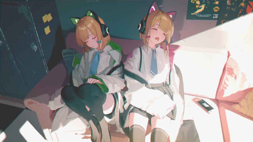 2girls absurdres animal_ear_headphones animal_ears black_skirt black_thighhighs blonde_hair blue_archive blue_necktie bow cat_ear_headphones closed_eyes collared_shirt commentary_request couch drooling fake_animal_ears green_bow hair_bow handheld_game_console head_tilt headphones highres hood hooded_jacket jacket knees_up long_sleeves low-tied_sidelocks midori_(blue_archive) miniskirt momoi_(blue_archive) mouth_drool multicolored_clothes multicolored_jacket multiple_girls necktie no_shoes open_mouth parted_bangs pleated_skirt red_bow shirt shirt_tucked_in short_shorts shorts siblings sisters sitting skirt sleeping sleeves_past_wrists sunlight suspenders tacshojosora thigh-highs twins white_jacket white_shirt wide_sleeves zettai_ryouiki