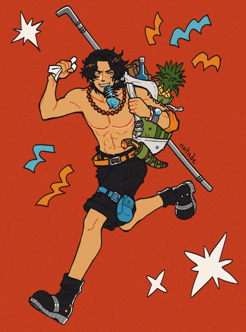 1boy absurdres apple_pie arm_tattoo artist_name bag belt black_hair black_shorts boots bracelet english_commentary fish_in_mouth food freckles full_body highres jewelry knife log_pose male_focus natade_art necklace one_piece orange_belt pearl_necklace pie portgas_d._ace red_background running short_hair shorts shoulder_bag solo tattoo topless_male