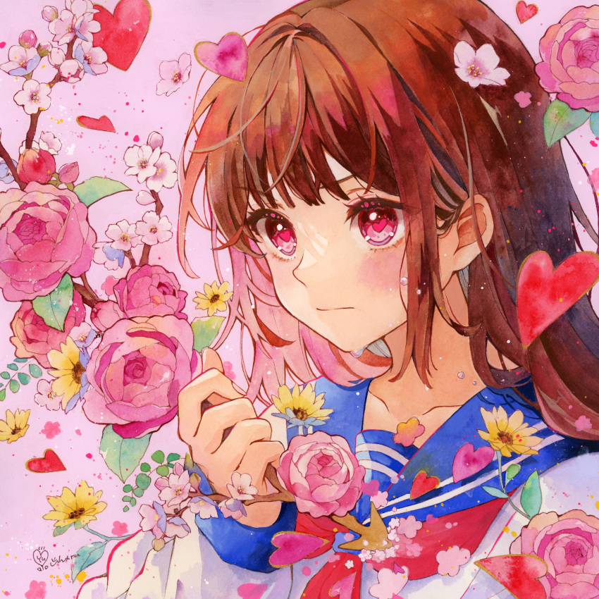 1girl absurdres blush closed_mouth flower flower_on_head heart heart_in_eye highres holding holding_flower original red_eyes red_flower red_rose redhead rose solo symbol_in_eye tagme upper_body yuyuharu_1027