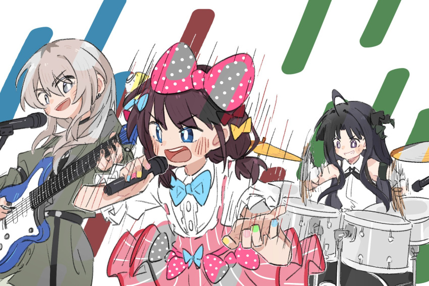 ahoge awa_subaru belt black_belt black_hair black_ribbon blue_bow blue_bowtie blue_eyes blue_nails blush bow bowtie brown_coat brown_hair clenched_teeth coat collared_shirt commentary_request dotty-44 dress_shirt drum drum_set earrings girls_band_cry green_nails grey_eyes grey_hair hair_between_eyes hair_bow hair_ribbon highres holding holding_microphone holding_plectrum instrument iseri_nina jewelry kawaragi_momoka long_hair low_twintails microphone multicolored_nails music nail_polish neck_ribbon open_mouth parted_bangs pink_nails pink_skirt playing_drum playing_guitar plectrum polka_dot polka_dot_bow ribbon shirt short_twintails sidelocks singing skirt sleeveless sleeveless_shirt teeth twintails upper_teeth_only violet_eyes whtie_shirt yellow_nails