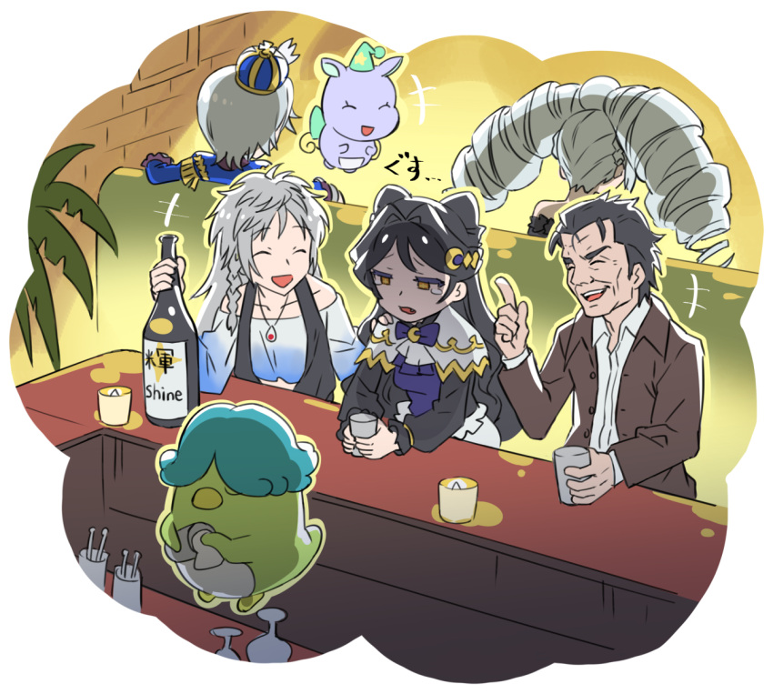 2boys 3girls :d amou_june bar_(place) bartender bird black_hair black_shirt bottle brown_jacket capelet character_request closed_eyes collared_shirt commentary_request counter crescent crescent_hair_ornament cup fang grey_hair hair_intakes hair_ornament hand_on_another's_shoulder highres holding holding_bottle holding_cup idol_time_pripara in-franchise_crossover index_finger_raised jacket jewelry king_of_prism kiratto_pri_chan long_hair long_sleeves luluna_(pri_chan) mascot multiple_boys multiple_girls murakami_hisashi necklace old old_man open_mouth pakku_(pripara) penguin_sensei pretty_rhythm pretty_rhythm_aurora_dream pretty_rhythm_rainbow_live pretty_series pripara sad shikyoin_hibiki shine_(pretty_series) shirt short_hair sitting smile tears translation_request upper_body white_capelet white_shirt yellow_eyes