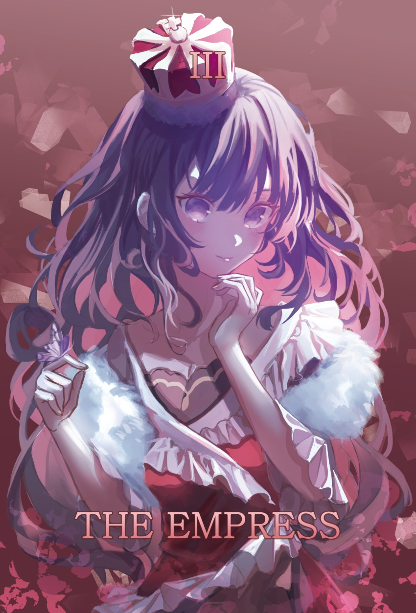 1girl black_hair blunt_bangs bug butterfly butterfly_on_hand closed_mouth crown dress feather_boa frilled_dress frills hand_on_own_chin heroine_(lovebrush_chronicles) highres korean_commentary long_hair lovebrush_chronicles ran_78 red_background red_dress roman_numeral short_sleeves smile solo tarot the_empress_(tarot) upper_body violet_eyes