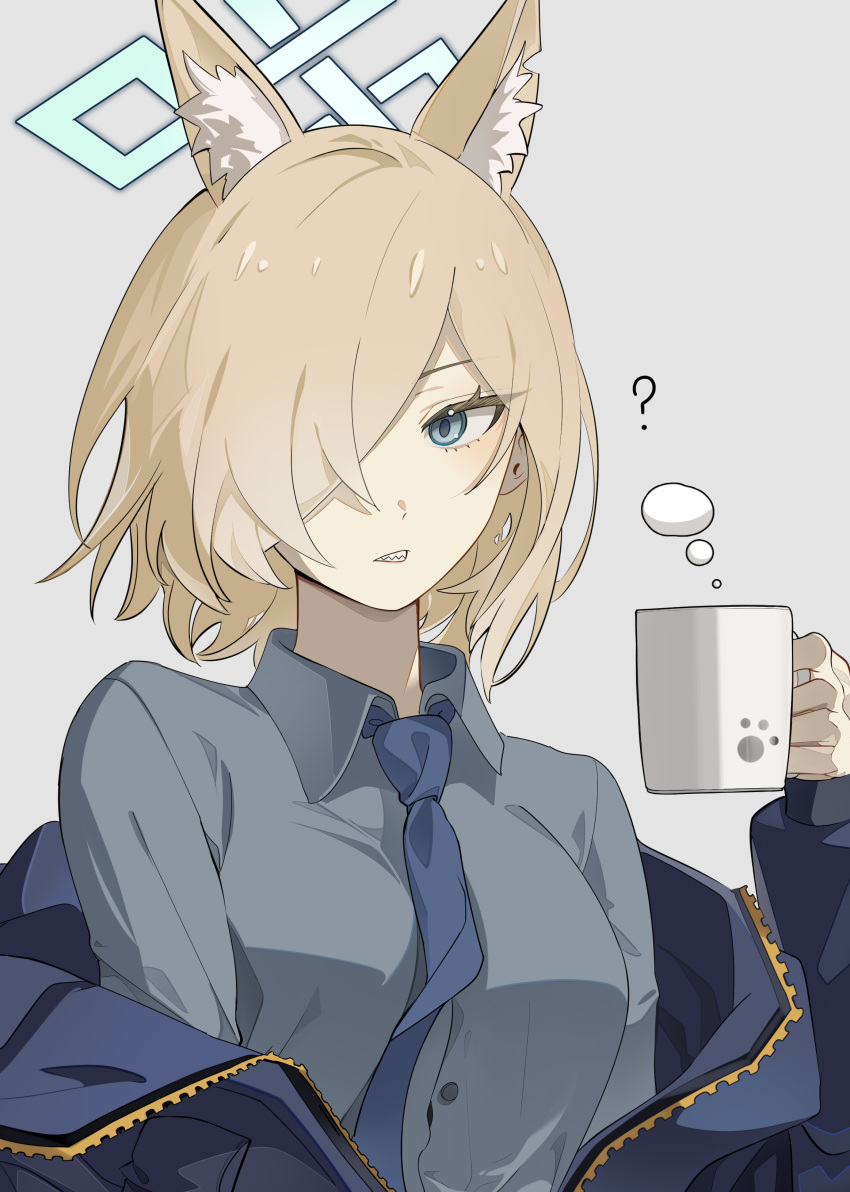 1girl ? absurdres animal_ear_fluff animal_ears black_jacket blonde_hair blue_archive blue_eyes blue_halo blue_necktie blue_shirt cizzi clenched_teeth collared_shirt commentary_request cup grey_background hair_over_one_eye halo hand_up highres holding holding_cup jacket kanna_(blue_archive) korean_commentary long_sleeves necktie off_shoulder one_eye_covered open_clothes open_jacket shirt short_hair simple_background solo teeth upper_body