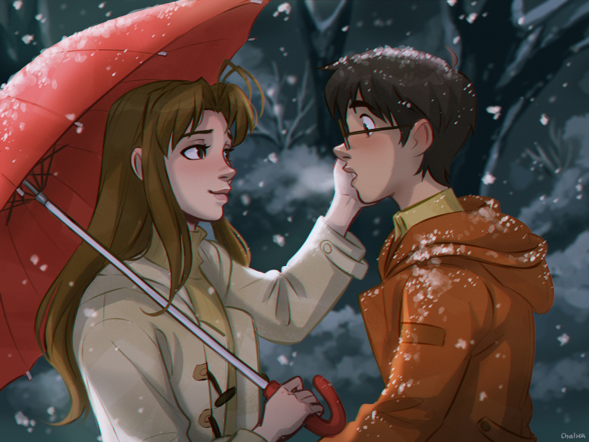 1boy 1girl antenna_hair blush brown_hair chalseu coat english_commentary glasses hand_on_another's_cheek hand_on_another's_face highres holding holding_umbrella light_brown_hair long_hair looking_at_another love_hina narusegawa_naru orange_coat red_umbrella short_hair sidelocks smile smoke snow snow_on_head snowing sweater turtleneck turtleneck_sweater umbrella upper_body urashima_keitarou