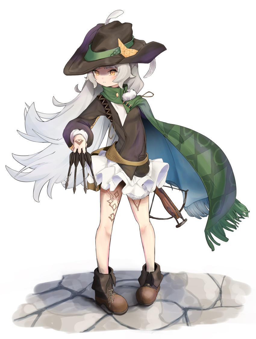 1girl arrow_(projectile) azur_lane brown_footwear brown_headwear crossbow full_body green_poncho grey_hair hand_tattoo highres holding holding_arrow holding_crossbow holding_weapon leg_tattoo long_hair long_sleeves looking_at_viewer mole mole_under_eye official_alternate_costume parted_lips poncho roli7946 simple_background solo standing tattoo weapon white_background yellow_eyes z46_(azur_lane) z46_(the_bard_of_hamelin)_(azur_lane)