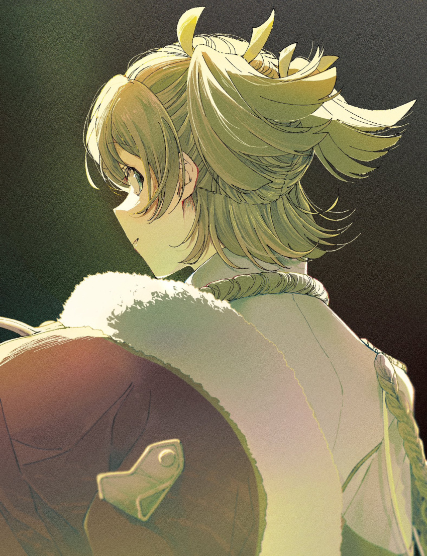 1girl aiguillette arm_at_side black_background blonde_hair daiba_nana epaulettes film_grain from_behind fur-trimmed_jacket fur_trim gradient_background green_eyes hair_between_eyes hair_ribbon highres jacket jacket_on_shoulders light_smile long_sleeves looking_at_viewer looking_back nori_(cheiwbciwkxbdjr) parted_lips profile red_jacket ribbon short_hair short_twintails shoujo_kageki_revue_starlight sideways_glance solo twintails upper_body white_jacket yellow_ribbon