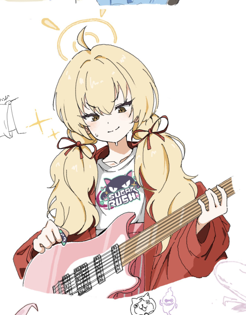 1girl ahoge blonde_hair blue_archive electric_guitar guitar hair_between_eyes halo highres instrument low_twintails simple_background sweat twintails uni_gyoza white_background yellow_eyes yoshimi_(band)_(blue_archive) yoshimi_(blue_archive)