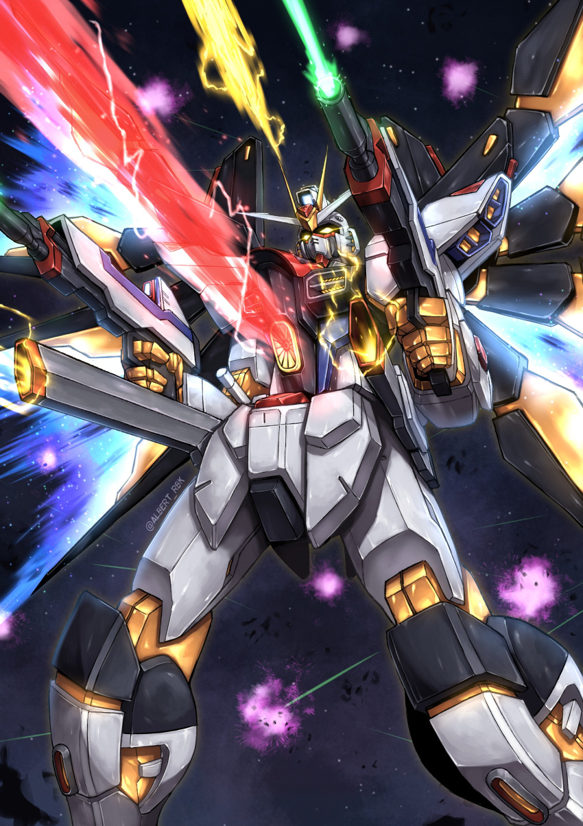 absurdres albert_rbk beam_cannon beam_rifle commentary_request dual_wielding electricity energy_gun explosion feet_out_of_frame firing glowing glowing_eyes gun gundam gundam_seed gundam_seed_destiny highres holding holding_gun holding_weapon laser legs_apart mecha mecha_focus mechanical_wings mobile_suit no_humans robot science_fiction solo space star_(sky) strike_freedom_gundam twitter_username v-fin weapon wings yellow_eyes