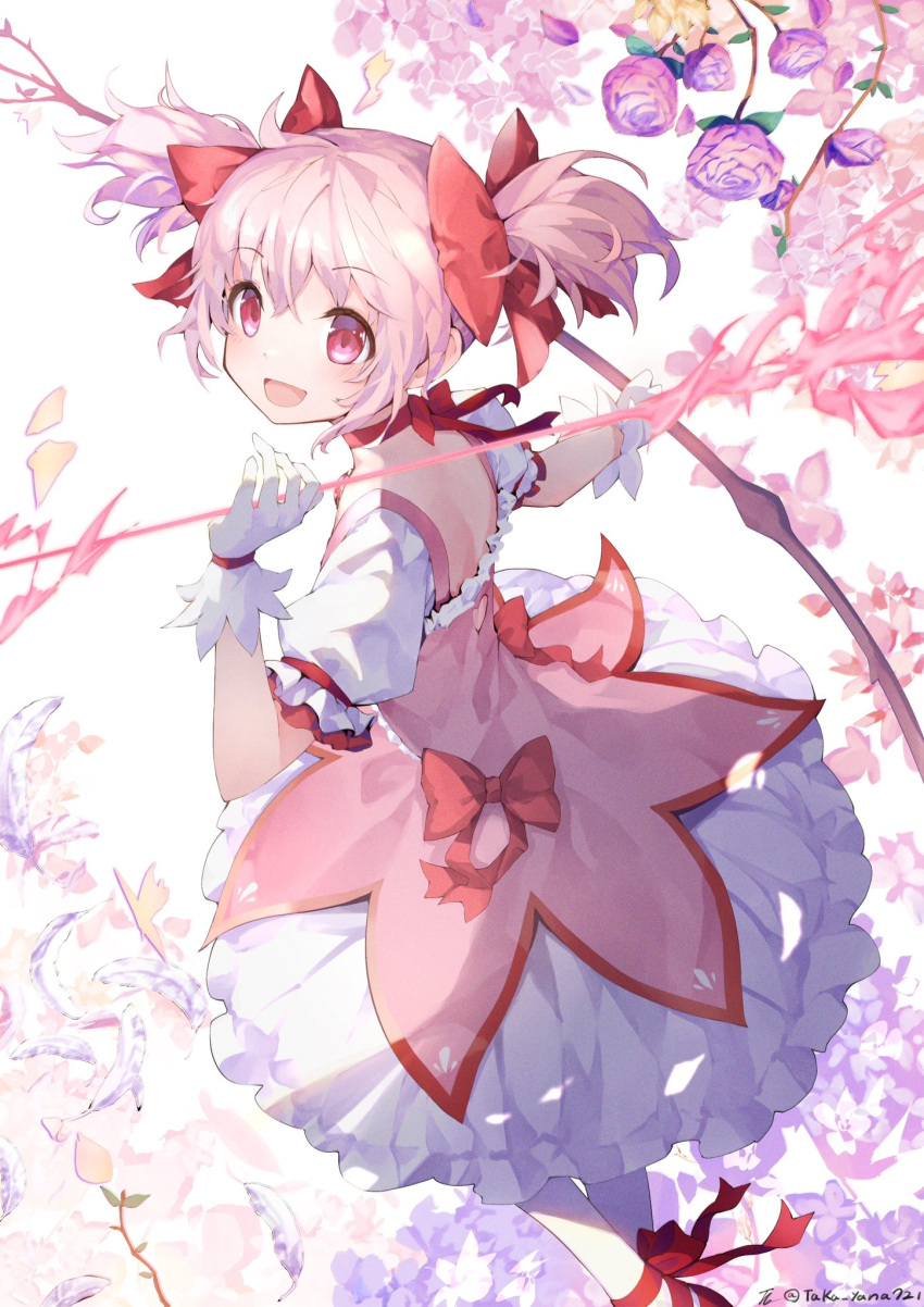 1girl :d ankle_ribbon ankle_strap arm_at_side arrow_(projectile) back_cutout bow bow_(weapon) bubble_skirt choker clothing_cutout dot_nose dress falling_petals feathers feet_out_of_frame flower frilled_skirt frilled_sleeves frills gloves hair_between_eyes hair_ribbon hand_up happy heart_cutout highres holding holding_arrow holding_bow_(weapon) holding_weapon kaname_madoka leg_ribbon light_arrows light_blush looking_at_viewer looking_back looking_up mahou_shoujo_madoka_magica mahou_shoujo_madoka_magica_(anime) median_furrow open_mouth petals pink_dress pink_eyes pink_flower pink_hair pink_theme puffy_short_sleeves puffy_sleeves purple_flower purple_rose red_bow red_choker red_footwear red_ribbon ribbon ribbon_choker rose shoes short_sleeves short_twintails sidelocks simple_background skirt smile socks solo soul_gem taka.yana tareme twintails twitter_username two-tone_dress waist_bow weapon white_background white_dress white_feathers white_gloves white_socks yellow_flower
