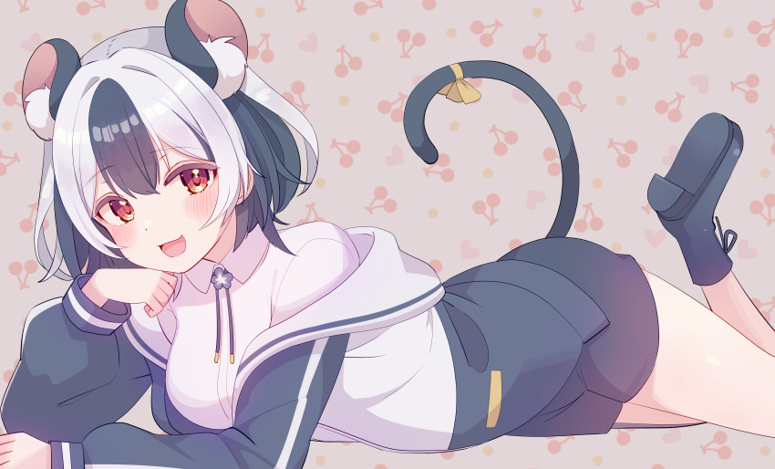 1girl :d absurdres animal_ears black_hair black_jacket black_shorts blush bob_cut bolo_tie breasts cherry_background collared_shirt commentary_request commission cream_(nipakupa) dress_shirt foot_up grey_hair highres indie_virtual_youtuber jacket knees_out_of_frame long_sleeves looking_at_viewer lying medium_breasts mitsuki_mahiro mouse_ears mouse_girl mouse_tail multicolored_clothes multicolored_hair multicolored_jacket on_stomach open_mouth red_eyes shirt short_hair shorts skeb_commission smile solo split_mouth streaked_hair tail two-tone_jacket virtual_youtuber white_jacket white_shirt