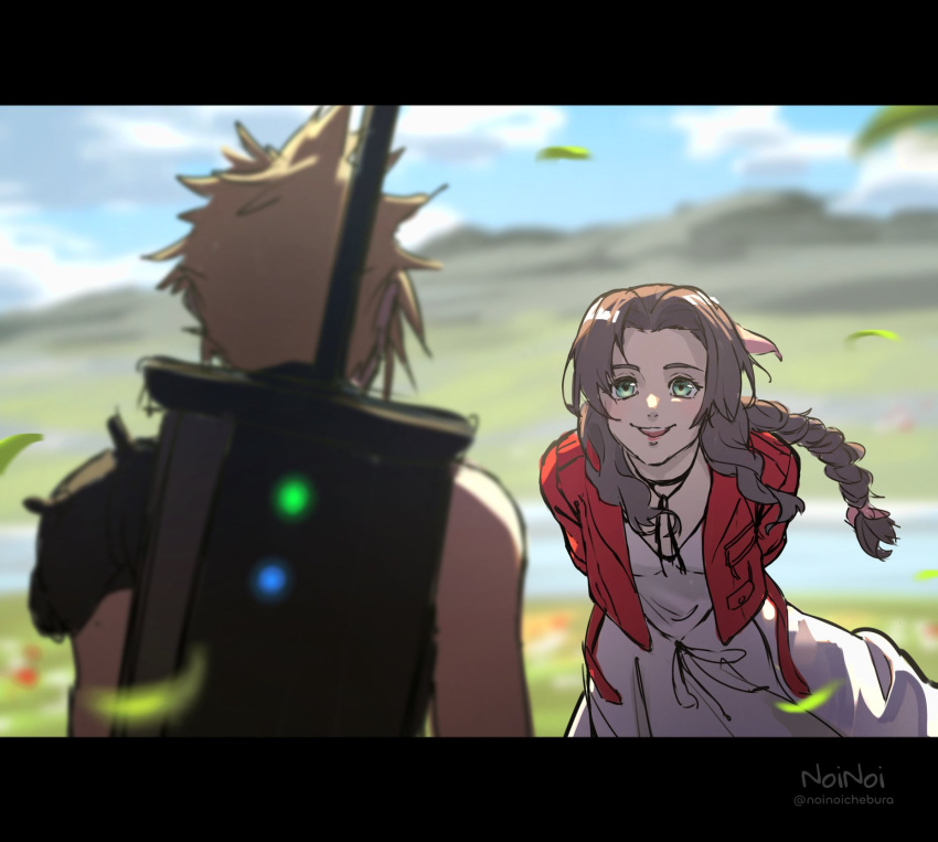 1boy 1girl aerith_gainsborough armor arms_behind_back artist_name black_border blonde_hair blurry blurry_foreground border braid braided_ponytail breasts brown_hair buster_sword choker cloud_strife cropped_jacket dress falling_petals final_fantasy final_fantasy_vii final_fantasy_vii_rebirth final_fantasy_vii_remake flower_choker green_eyes hair_ribbon highres jacket leaning_forward letterboxed looking_at_another materia medium_breasts nature noinoichebura outdoors parted_bangs parted_lips petals pink_dress pink_ribbon red_jacket ribbon short_hair shoulder_armor sidelocks single_bare_shoulder single_braid single_shoulder_pad smile spiky_hair twitter_username upper_body wavy_hair weapon weapon_on_back