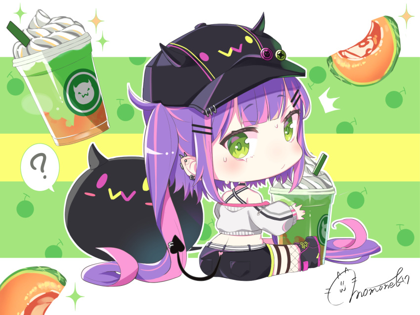 1girl ? baseball_cap bibi_(tokoyami_towa) black_choker black_footwear black_hat black_shorts center-flap_bangs chibi chibi_only choker colored_inner_hair commentary_request creature criss-cross_back-straps crop_top cropped_jacket cup demon_tail disposable_cup double-parted_bangs ear_piercing earclip fake_horns fishnet_thighhighs fishnets from_behind full_body green_eyes hair_ornament hairclip hat highres hololive horned_headwear horns hot jacket long_hair looking_back melon_soda momone_cco multicolored_hair oversized_food oversized_object piercing pink_hair pointy_ears purple_hair shoes shorts sidelocks signature sitting sneakers solo spike_piercing spoken_question_mark streaked_hair sweat tail tail_ornament tail_piercing thigh-highs thigh_strap tokoyami_towa tokoyami_towa_(1st_costume) twintails very_long_hair virtual_youtuber white_jacket