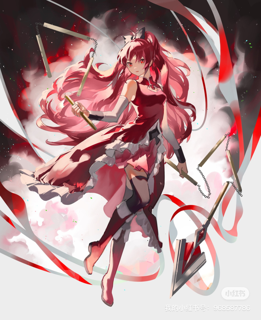 1girl black_thighhighs boots bow chain collared_dress detached_sleeves dress floating_hair frilled_dress frills full_body hair_bow highres holding holding_weapon knee_boots labroiy long_hair magical_girl mahou_shoujo_madoka_magica mahou_shoujo_madoka_magica_(anime) open_mouth ponytail red_dress red_eyes red_footwear redhead sakura_kyoko sleeveless sleeveless_dress solo thigh-highs three_section_staff watermark weapon white_background white_sleeves
